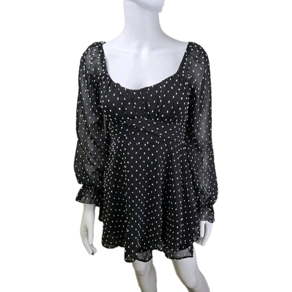 Thirty Thirty Black White Polka Dot Babydoll Coquette Dress‎ M Sheer Ruffle cuff